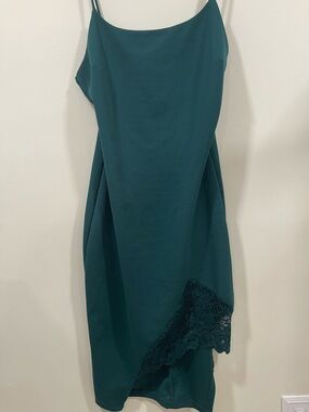 privy Teal Asymmetrical Slip Dress with Lace Hem